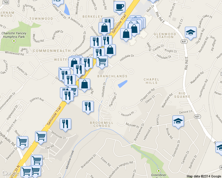 map of restaurants, bars, coffee shops, grocery stores, and more near 1304 Sycamore Court in Charlottesville