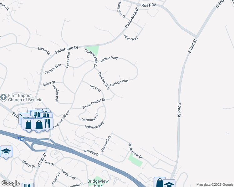 map of restaurants, bars, coffee shops, grocery stores, and more near 102 Banbury Way in Benicia