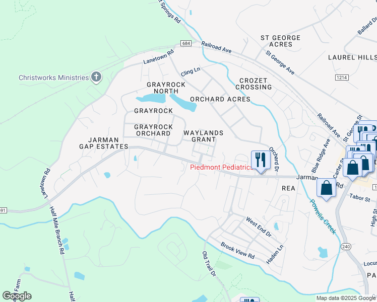 map of restaurants, bars, coffee shops, grocery stores, and more near 1110 Edmond Court in Crozet