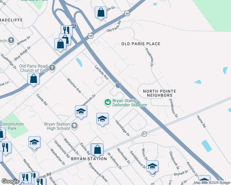 map of restaurants, bars, coffee shops, grocery stores, and more near 237 Laclede Avenue in Lexington