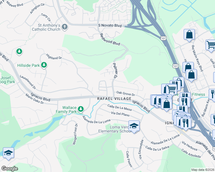 map of restaurants, bars, coffee shops, grocery stores, and more near 19 Palmer Drive in Novato