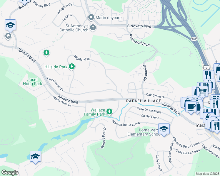 map of restaurants, bars, coffee shops, grocery stores, and more near 1109 Laurelwood Drive in Novato