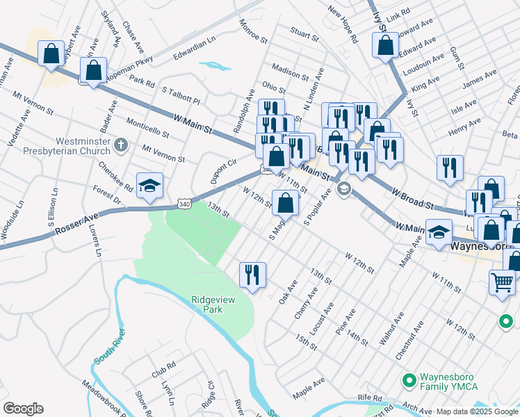 map of restaurants, bars, coffee shops, grocery stores, and more near 417 South Linden Avenue in Waynesboro