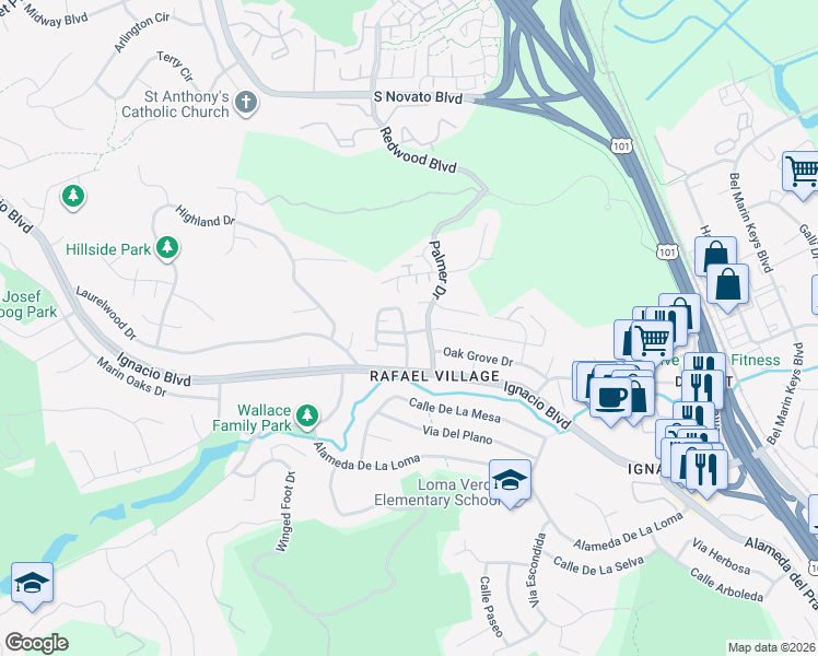 map of restaurants, bars, coffee shops, grocery stores, and more near 19 Palmer Drive in Novato
