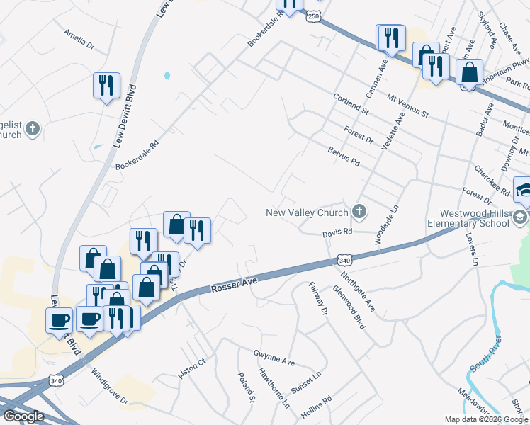 map of restaurants, bars, coffee shops, grocery stores, and more near 2433 Davis Road in Waynesboro