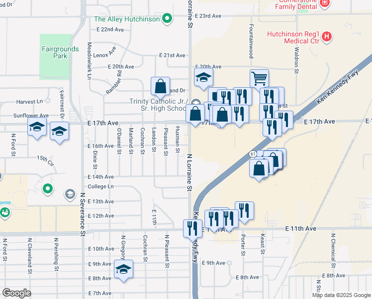 map of restaurants, bars, coffee shops, grocery stores, and more near 1527 North Lorraine Street in Hutchinson