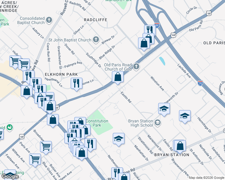 map of restaurants, bars, coffee shops, grocery stores, and more near 1745 Old Paris Road in Lexington