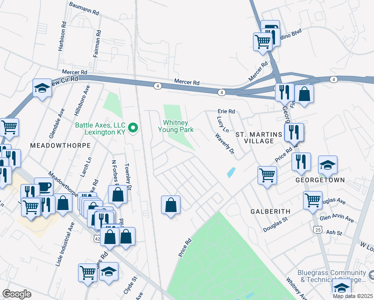 map of restaurants, bars, coffee shops, grocery stores, and more near 439 Fairdale Drive in Lexington