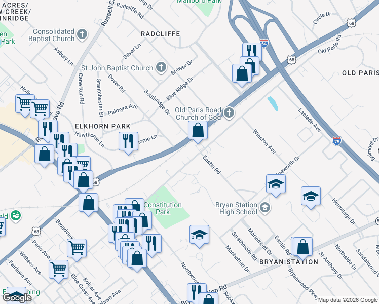 map of restaurants, bars, coffee shops, grocery stores, and more near 1745 Old Paris Road in Lexington