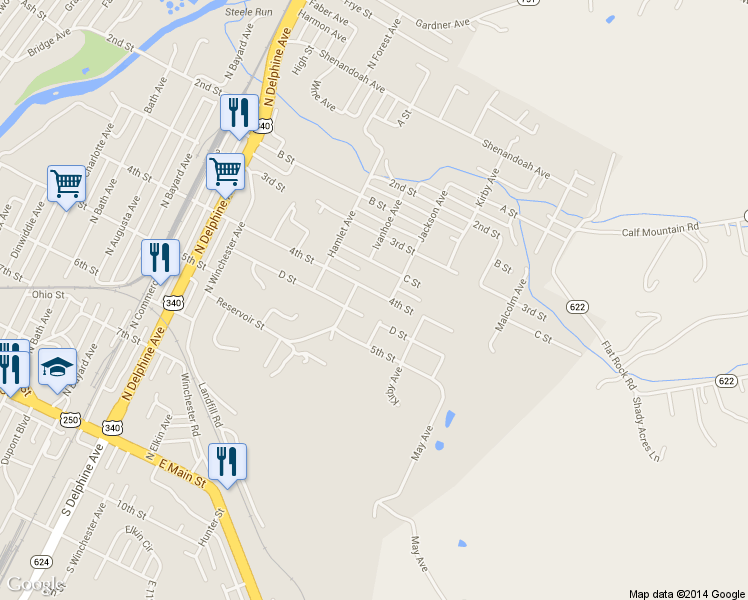 map of restaurants, bars, coffee shops, grocery stores, and more near 1418 4th Street in Waynesboro