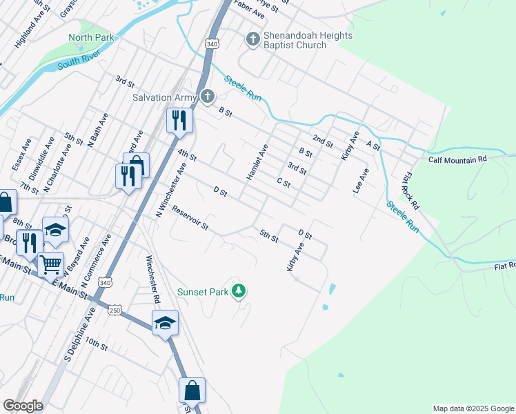map of restaurants, bars, coffee shops, grocery stores, and more near 309 Ivanhoe Avenue in Waynesboro