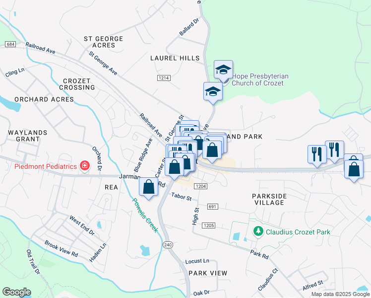 map of restaurants, bars, coffee shops, grocery stores, and more near 1248 Crozet Avenue in Crozet