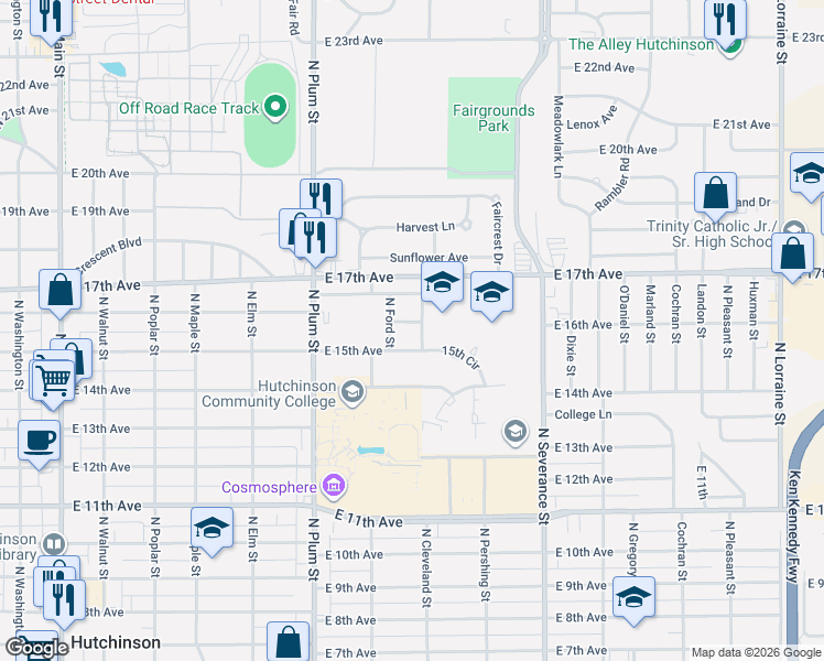 map of restaurants, bars, coffee shops, grocery stores, and more near 606 East 15th Avenue in Hutchinson