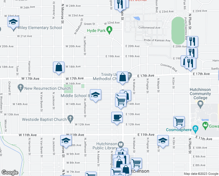 map of restaurants, bars, coffee shops, grocery stores, and more near 1521 North Washington Street in Hutchinson