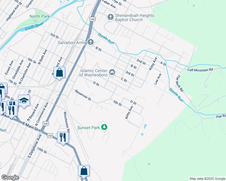 map of restaurants, bars, coffee shops, grocery stores, and more near 401 Ivanhoe Avenue in Waynesboro