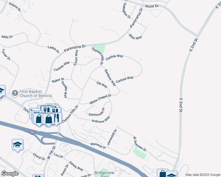 map of restaurants, bars, coffee shops, grocery stores, and more near 103 Gill Way in Benicia
