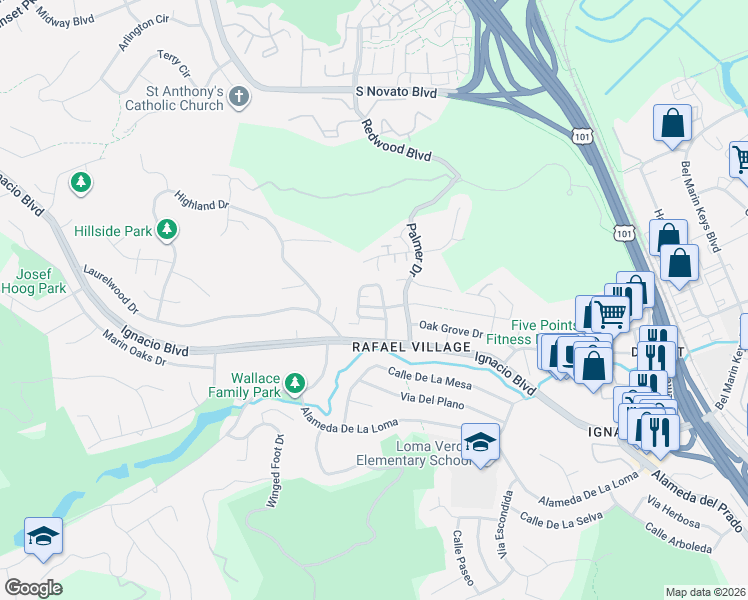 map of restaurants, bars, coffee shops, grocery stores, and more near 131 Ignacio Valley Circle in Novato