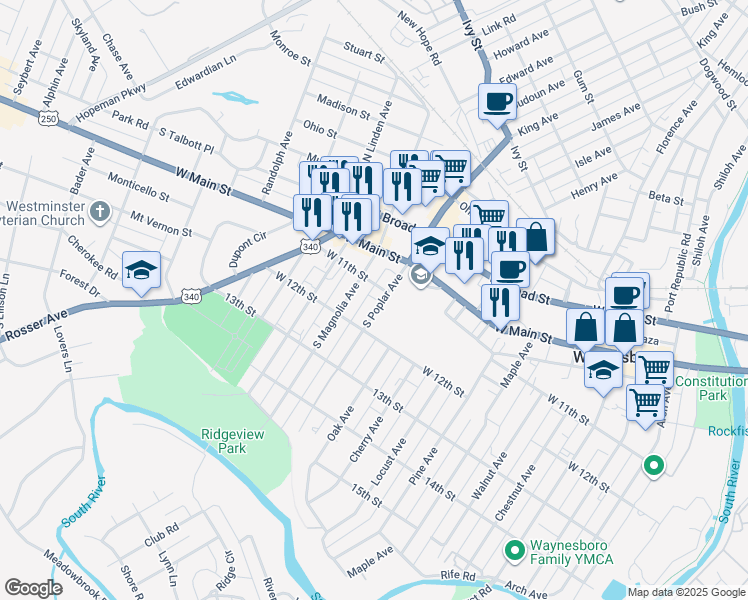 map of restaurants, bars, coffee shops, grocery stores, and more near 337 South Poplar Avenue in Waynesboro