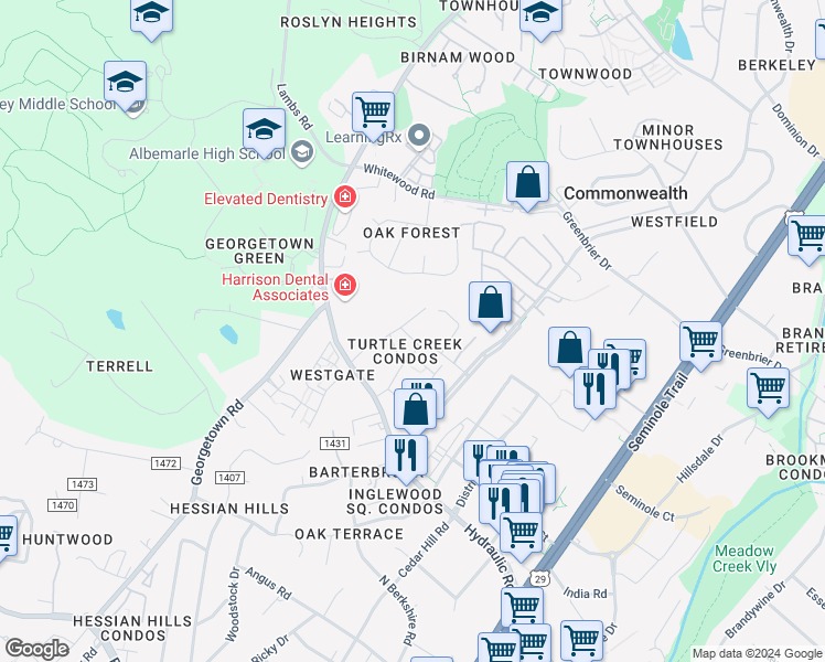map of restaurants, bars, coffee shops, grocery stores, and more near 123 Turtle Creek Road in Charlottesville