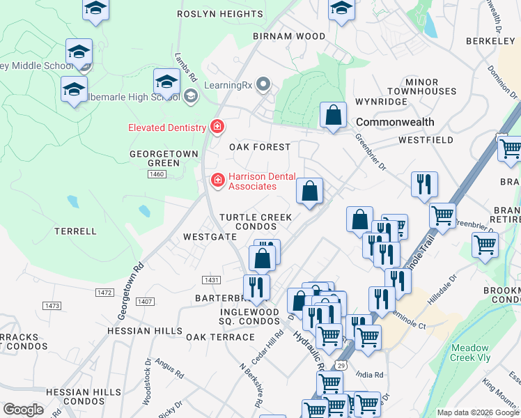 map of restaurants, bars, coffee shops, grocery stores, and more near 103 Turtle Creek Road in Charlottesville