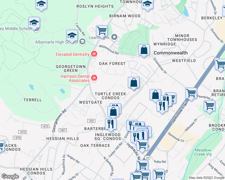 map of restaurants, bars, coffee shops, grocery stores, and more near 123 Turtle Creek Road in Charlottesville