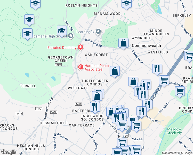 map of restaurants, bars, coffee shops, grocery stores, and more near 123 Turtle Creek Road in Charlottesville