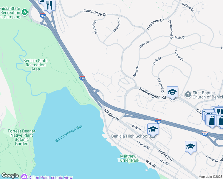 map of restaurants, bars, coffee shops, grocery stores, and more near 1479 London Circle in Benicia