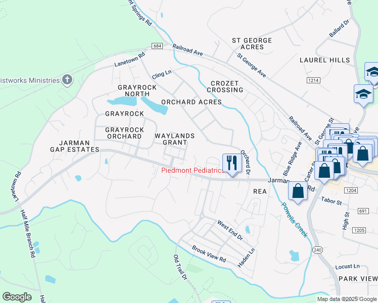 map of restaurants, bars, coffee shops, grocery stores, and more near 6060 Jarmans Gap Road in Crozet