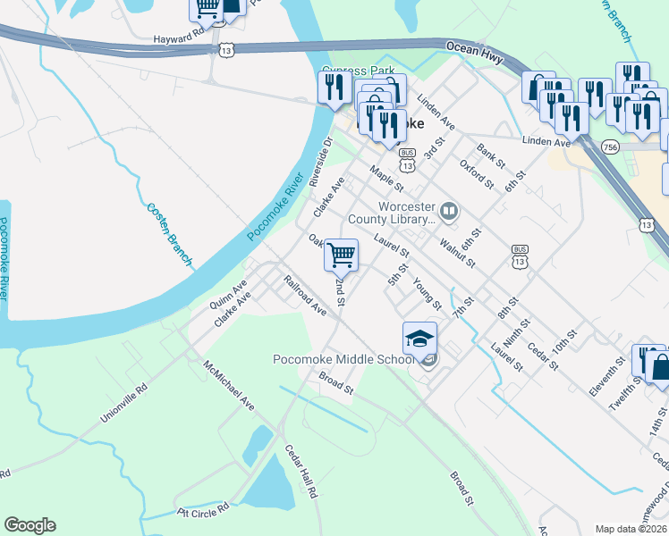 map of restaurants, bars, coffee shops, grocery stores, and more near 808 2nd Street in Pocomoke City