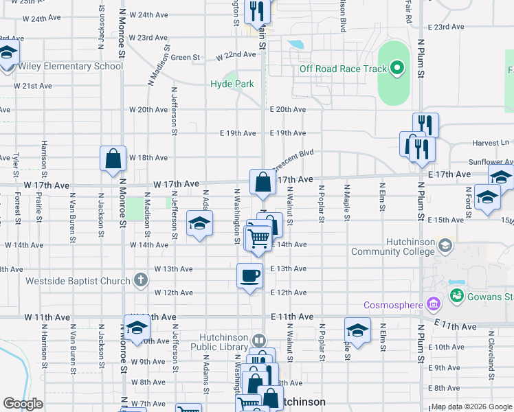 map of restaurants, bars, coffee shops, grocery stores, and more near 1503 North Main Street in Hutchinson
