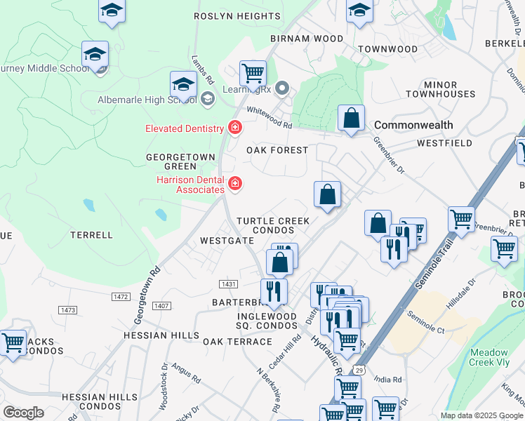 map of restaurants, bars, coffee shops, grocery stores, and more near 111 Turtle Creek Road in Charlottesville