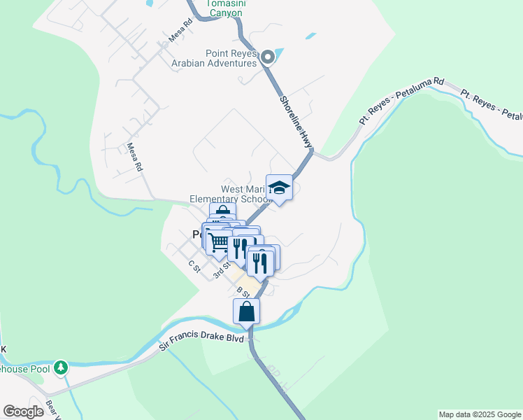 map of restaurants, bars, coffee shops, grocery stores, and more near 11560 California 1 in Point Reyes Station