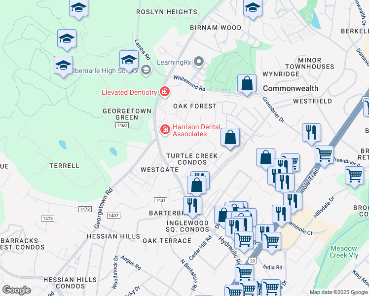map of restaurants, bars, coffee shops, grocery stores, and more near 111 Turtle Creek Road in Charlottesville