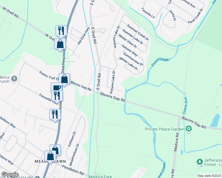 map of restaurants, bars, coffee shops, grocery stores, and more near 6101 Blevins Gap Road in Louisville