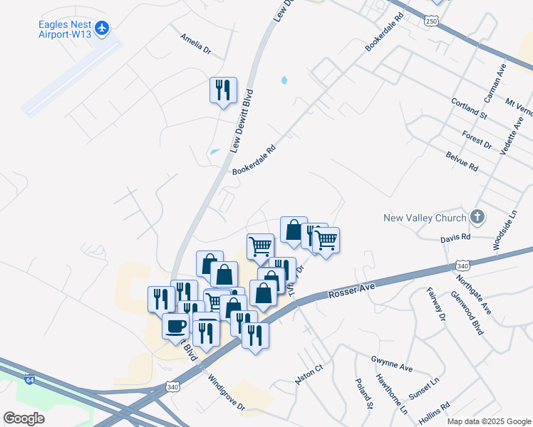 map of restaurants, bars, coffee shops, grocery stores, and more near Sunbird Lane in Waynesboro