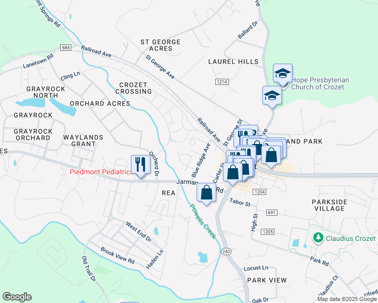 map of restaurants, bars, coffee shops, grocery stores, and more near 5909 Jeremiah Lane in Crozet