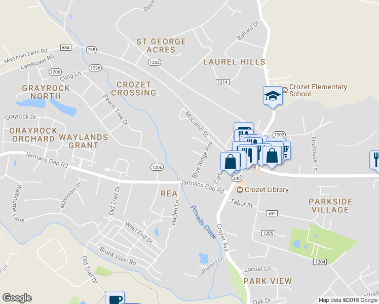 map of restaurants, bars, coffee shops, grocery stores, and more near 5909 Jeremiah Lane in Crozet