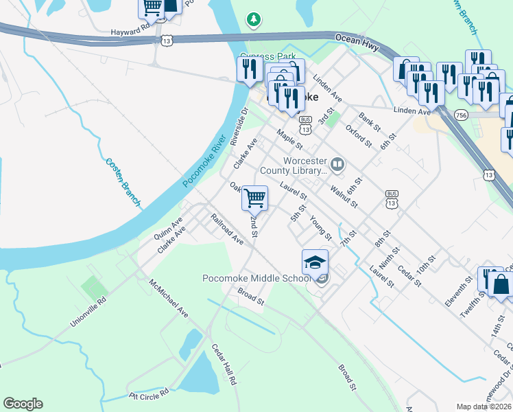 map of restaurants, bars, coffee shops, grocery stores, and more near 807 2nd Street in Pocomoke City