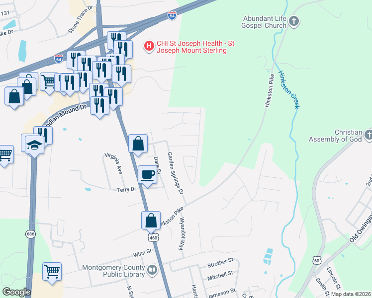map of restaurants, bars, coffee shops, grocery stores, and more near 651 Magnolia Drive in Mount Sterling