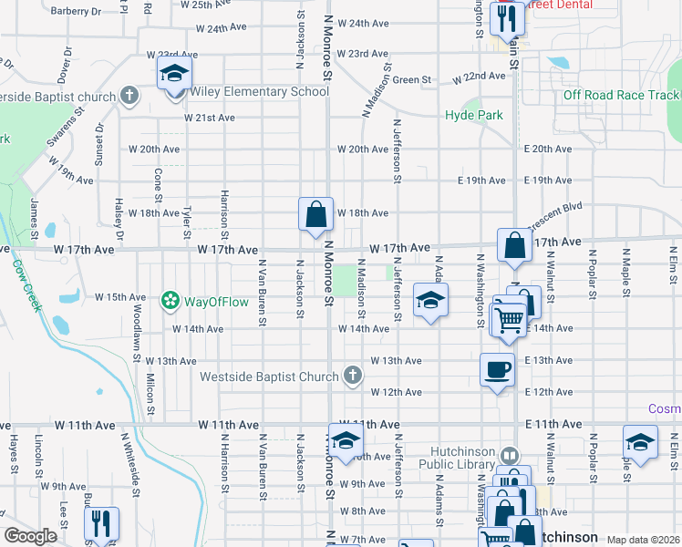 map of restaurants, bars, coffee shops, grocery stores, and more near 498 West 15th Avenue in Hutchinson