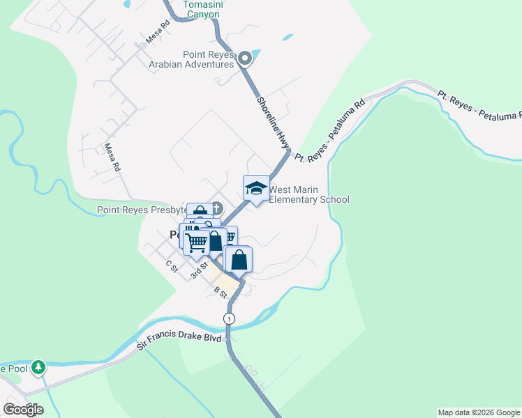 map of restaurants, bars, coffee shops, grocery stores, and more near 11560-11598 Shoreline Highway in Point Reyes Station