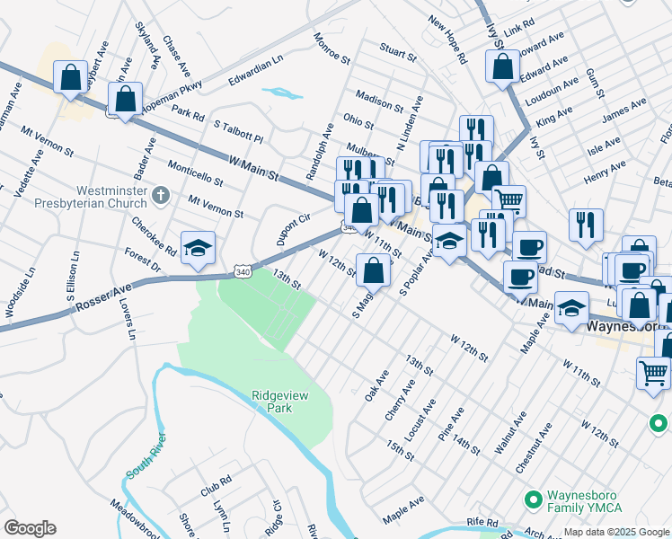 map of restaurants, bars, coffee shops, grocery stores, and more near 417 South Linden Avenue in Waynesboro