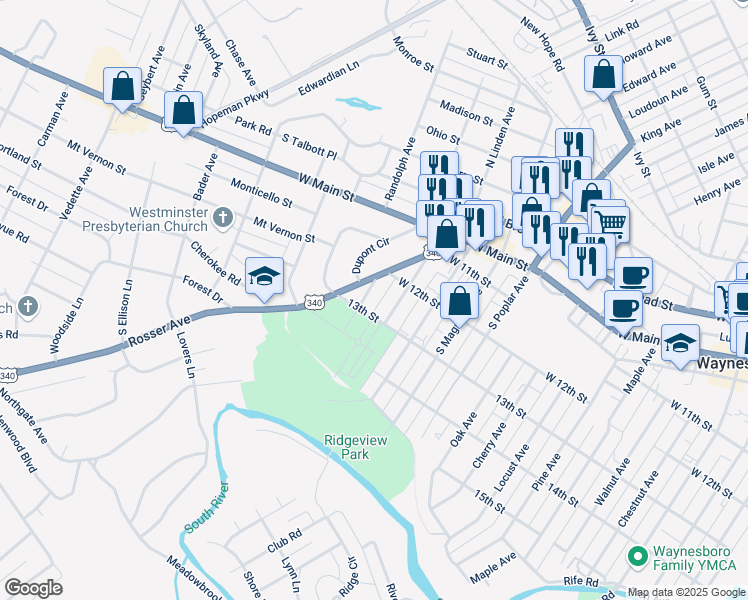map of restaurants, bars, coffee shops, grocery stores, and more near 468 South Laurel Avenue in Waynesboro