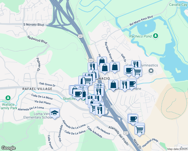 map of restaurants, bars, coffee shops, grocery stores, and more near 250 Entrada Drive in Novato