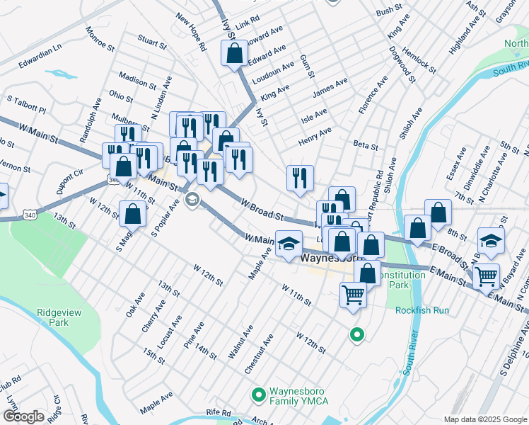 map of restaurants, bars, coffee shops, grocery stores, and more near West Broad Street in Waynesboro