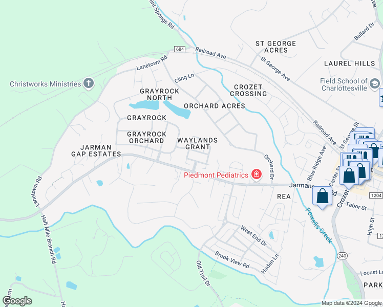 map of restaurants, bars, coffee shops, grocery stores, and more near 1414 Edmond Drive in Crozet