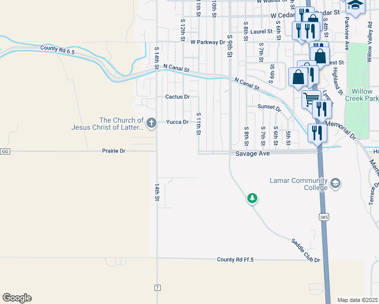 map of restaurants, bars, coffee shops, grocery stores, and more near 1900 South 11th Street in Lamar
