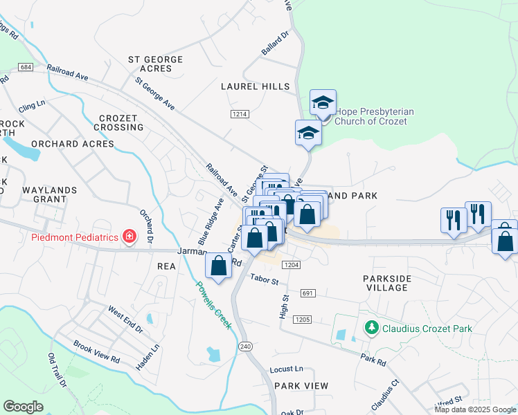 map of restaurants, bars, coffee shops, grocery stores, and more near 5824 Railroad Avenue in Crozet