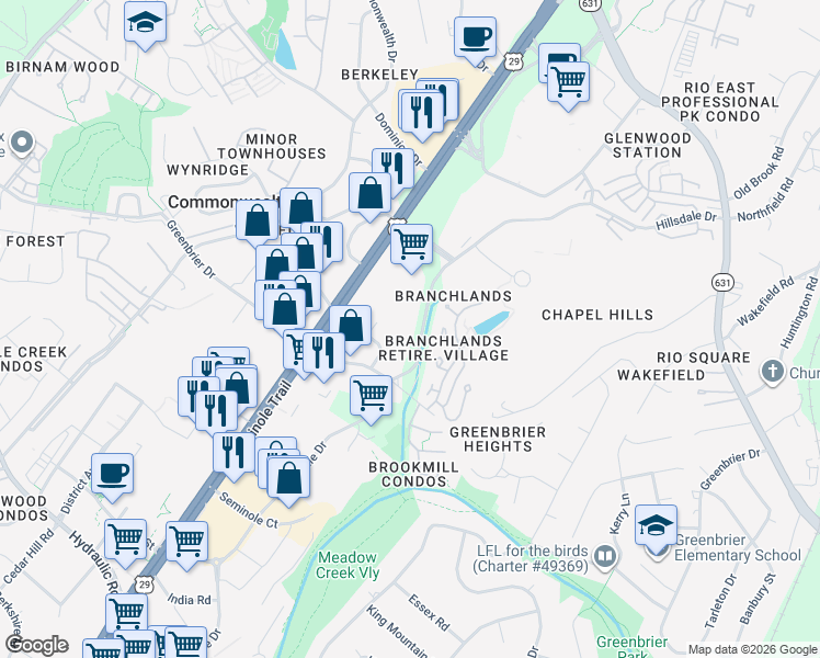 map of restaurants, bars, coffee shops, grocery stores, and more near 552 Hillsdale Drive in Charlottesville