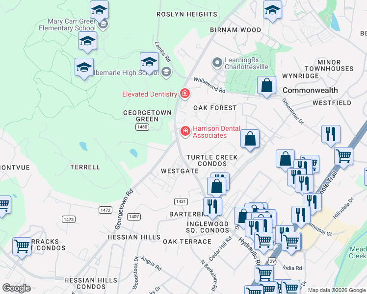 map of restaurants, bars, coffee shops, grocery stores, and more near 2620 Hydraulic Road in Charlottesville